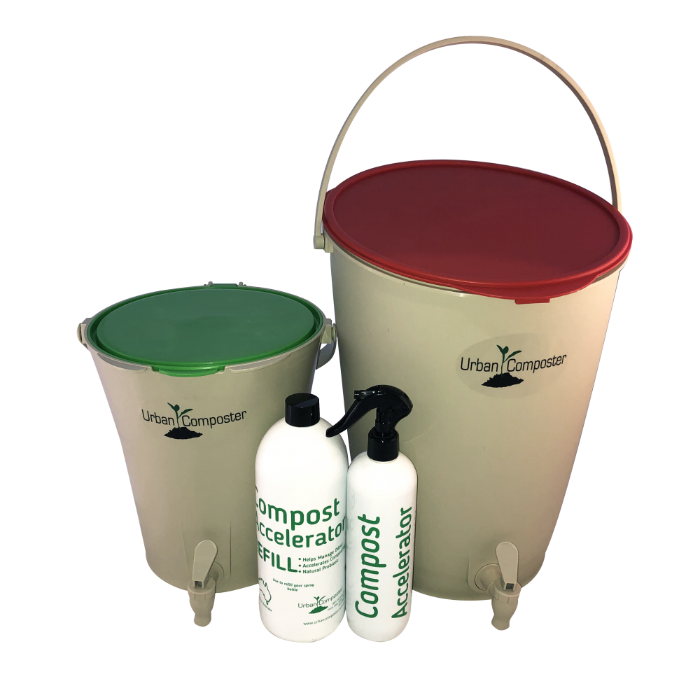 The original Urban Composter with Lime lid and Compost Accelerator spray